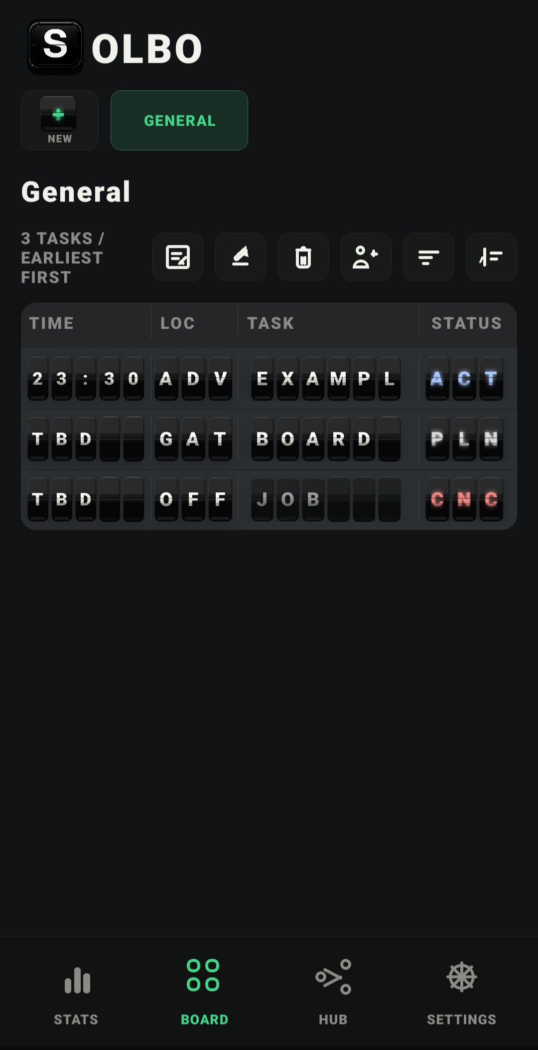 SolBo board screen showing a General board with Solari-style task rows